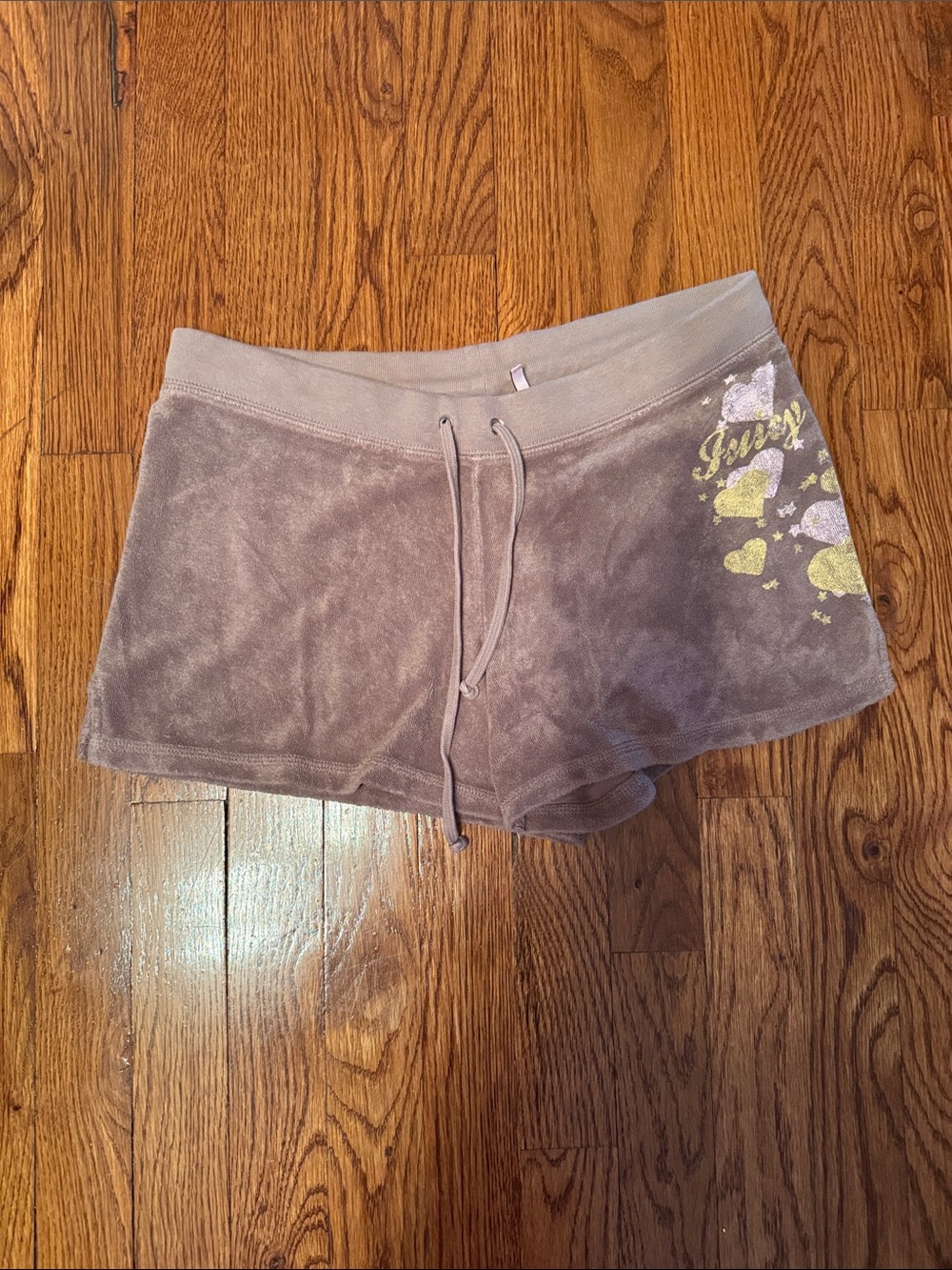 Vintage Y2K Juicy Couture Velour Drawstring Shorts with Heart Graphic Size S